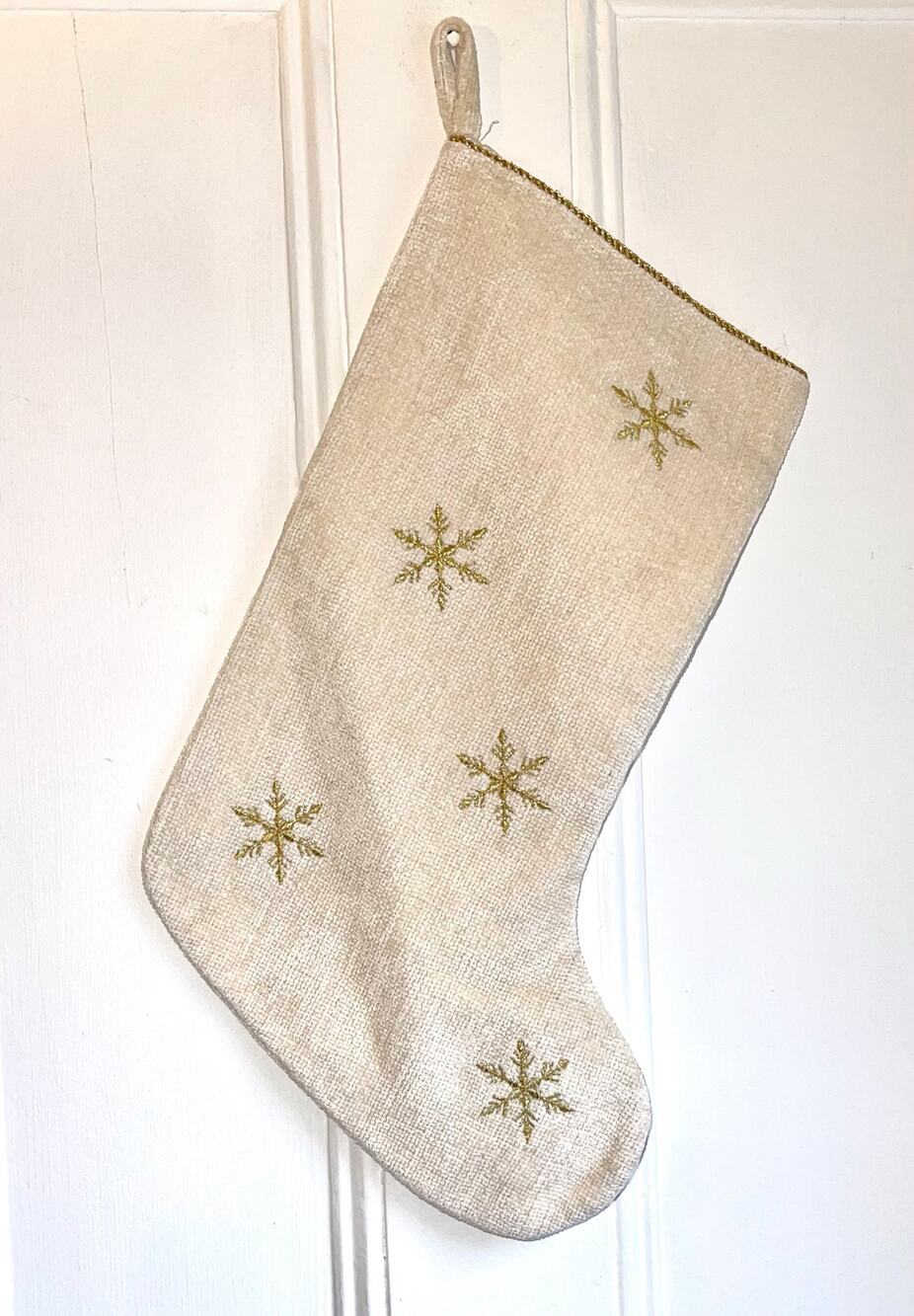 Cream Soft Christmas Stocking Metallic Gold Embroidered Snowflakes